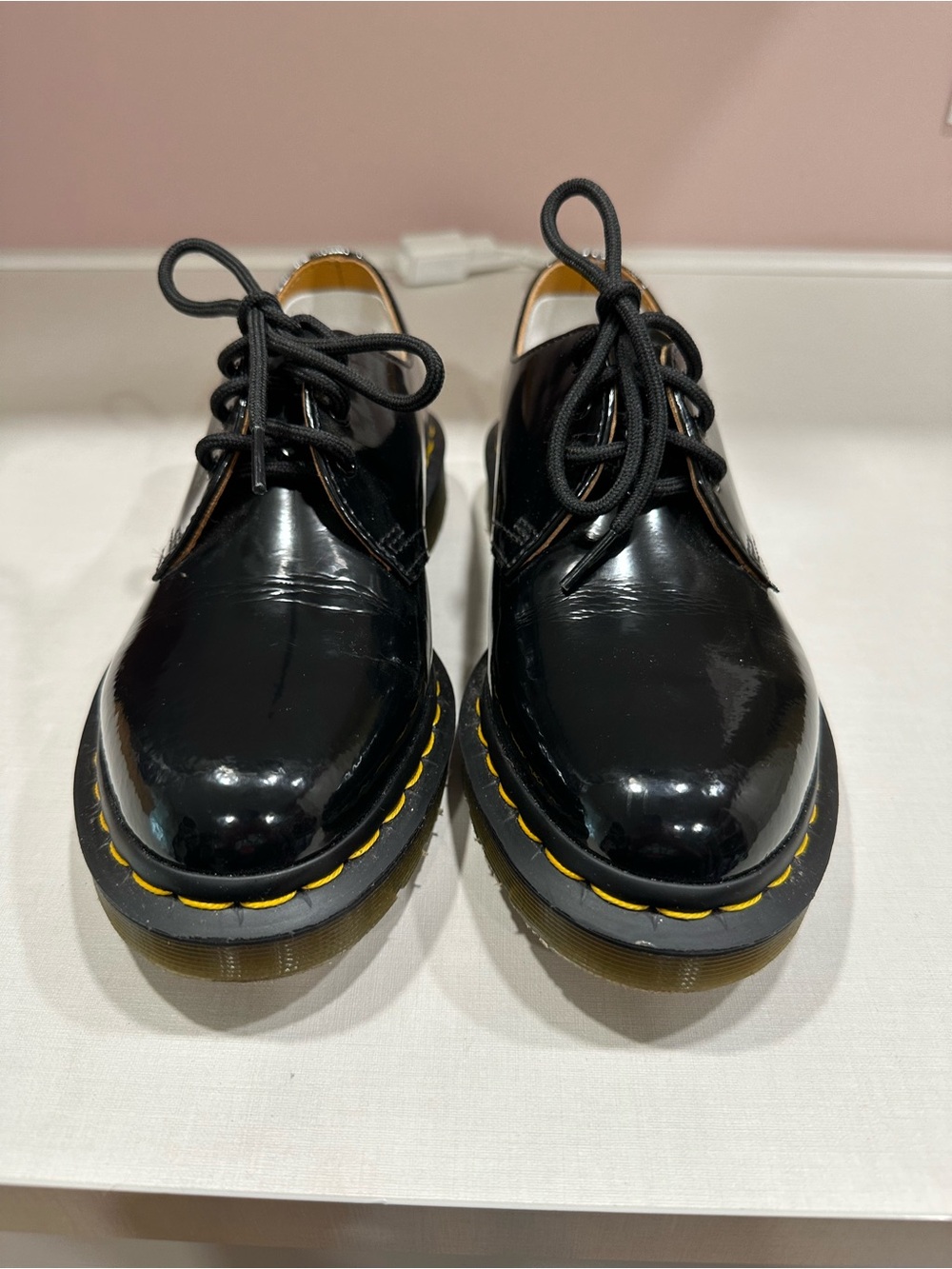 Dr. Martens Black Patent Leather Derby with Yellow Stitching